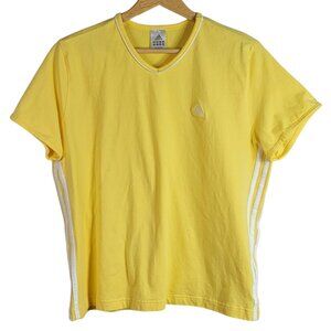 Adidas Women Short Sleeve Top Yellow XL Stripe Embroidered Logo V Neck Vintage